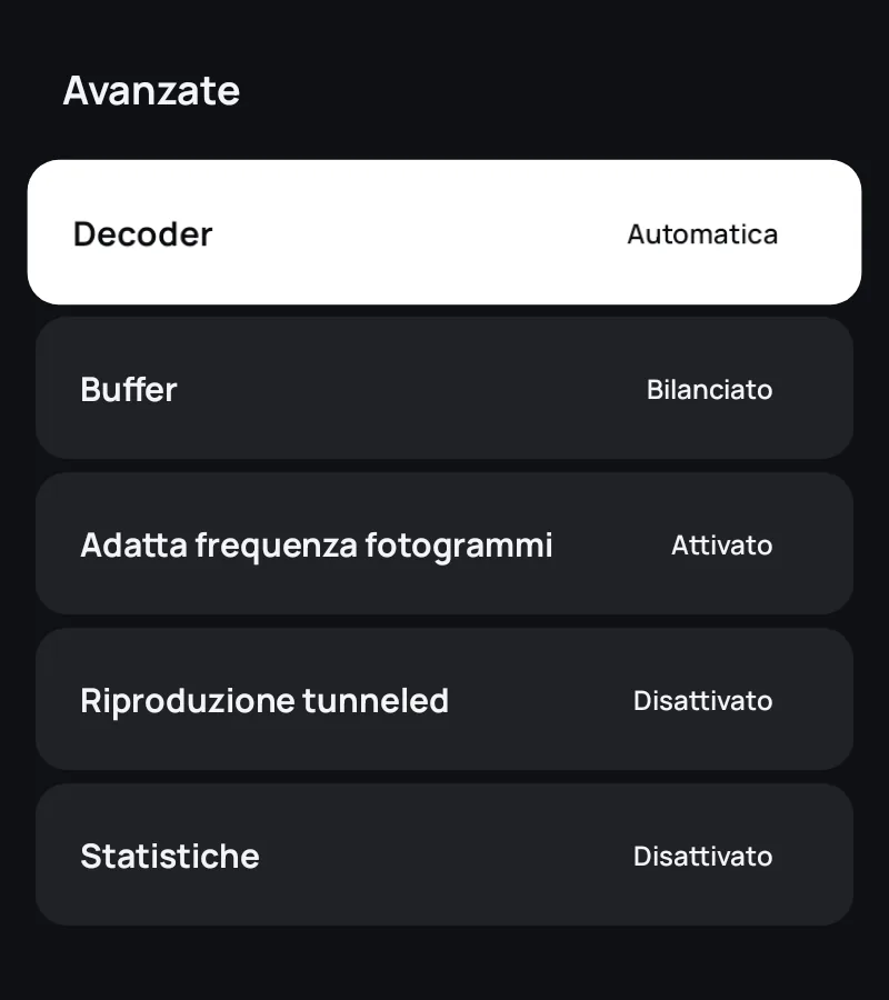 Le impostazioni avanzate del lettore in Zapvo: decoder, buffer, frequenza dei fotogrammi e statistiche