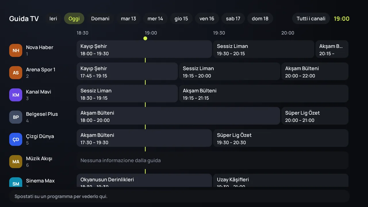 La guida TV (EPG) di Zapvo su Android TV: canali di lato, programmi lungo la giornata