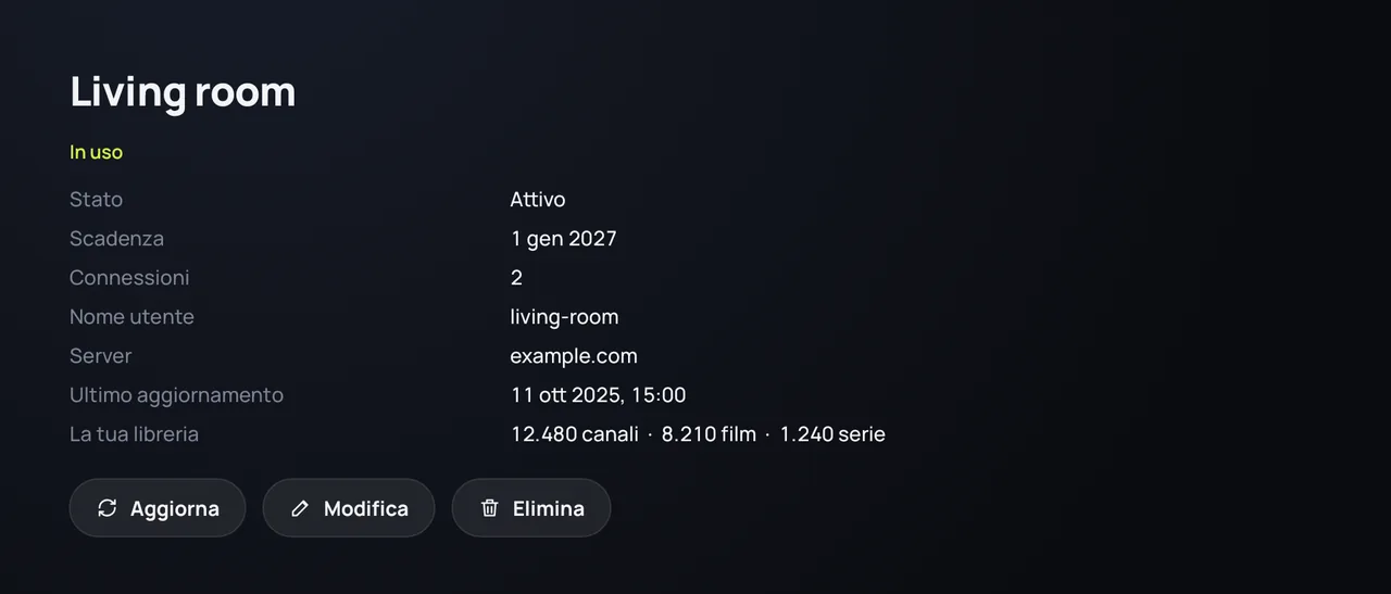 I dettagli della sorgente in Zapvo: stato, data di scadenza, connessioni e libreria