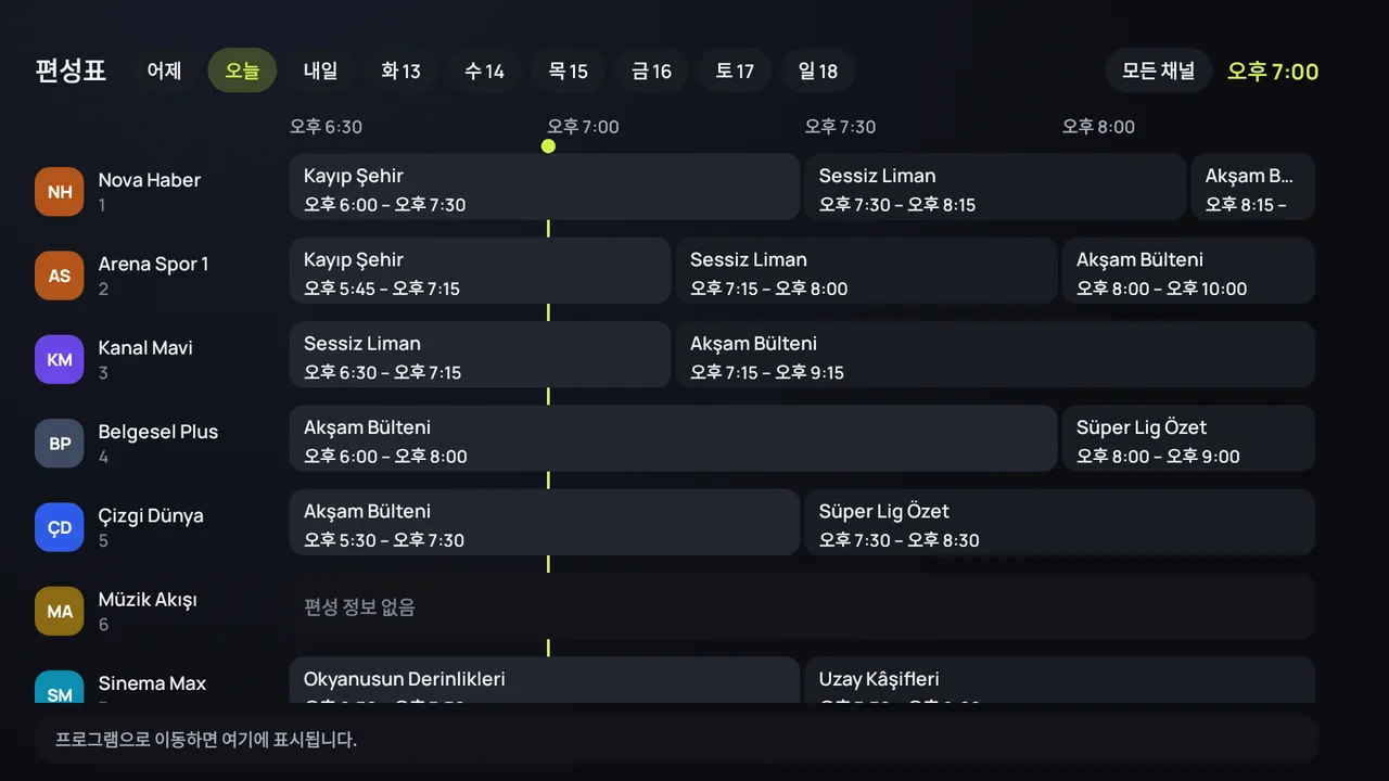 Android TV의 Zapvo 앱 편성표(EPG): 옆쪽에 채널, 하루 동안의 프로그램