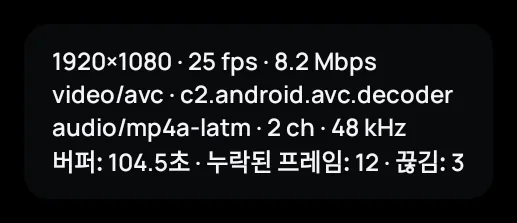 Zapvo 앱의 재생 통계: 해상도, 디코더, 버퍼, 누락된 프레임, 멈춤 횟수