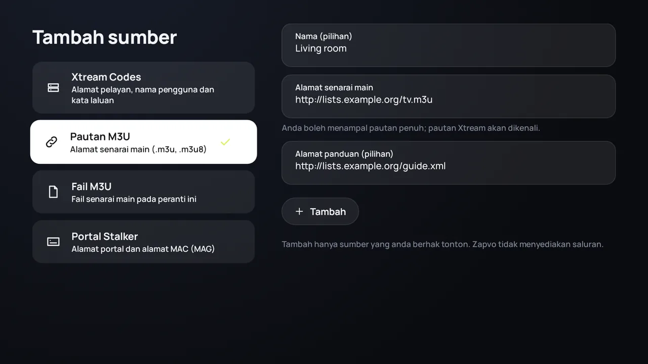 Zapvo pada Android TV: menambah pautan M3U dengan alamat senarai main dan alamat panduan TV