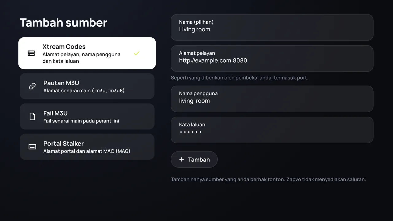 Zapvo pada Android TV: log masuk dengan Xtream Codes, alamat pelayan, nama pengguna dan kata laluan