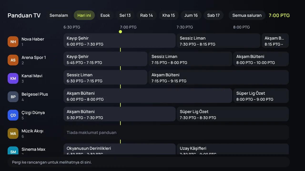 Panduan TV (EPG) Zapvo pada Android TV: saluran di tepi, rancangan sepanjang hari