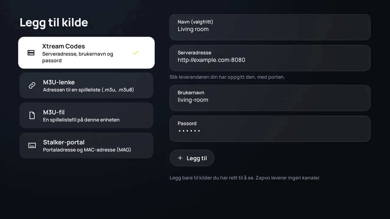 Zapvo på Android TV: innlogging med Xtream Codes, serveradresse, brukernavn og passord