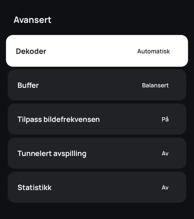 Avanserte avspillerinnstillinger i Zapvo: dekoder, buffer, bildefrekvens og statistikk