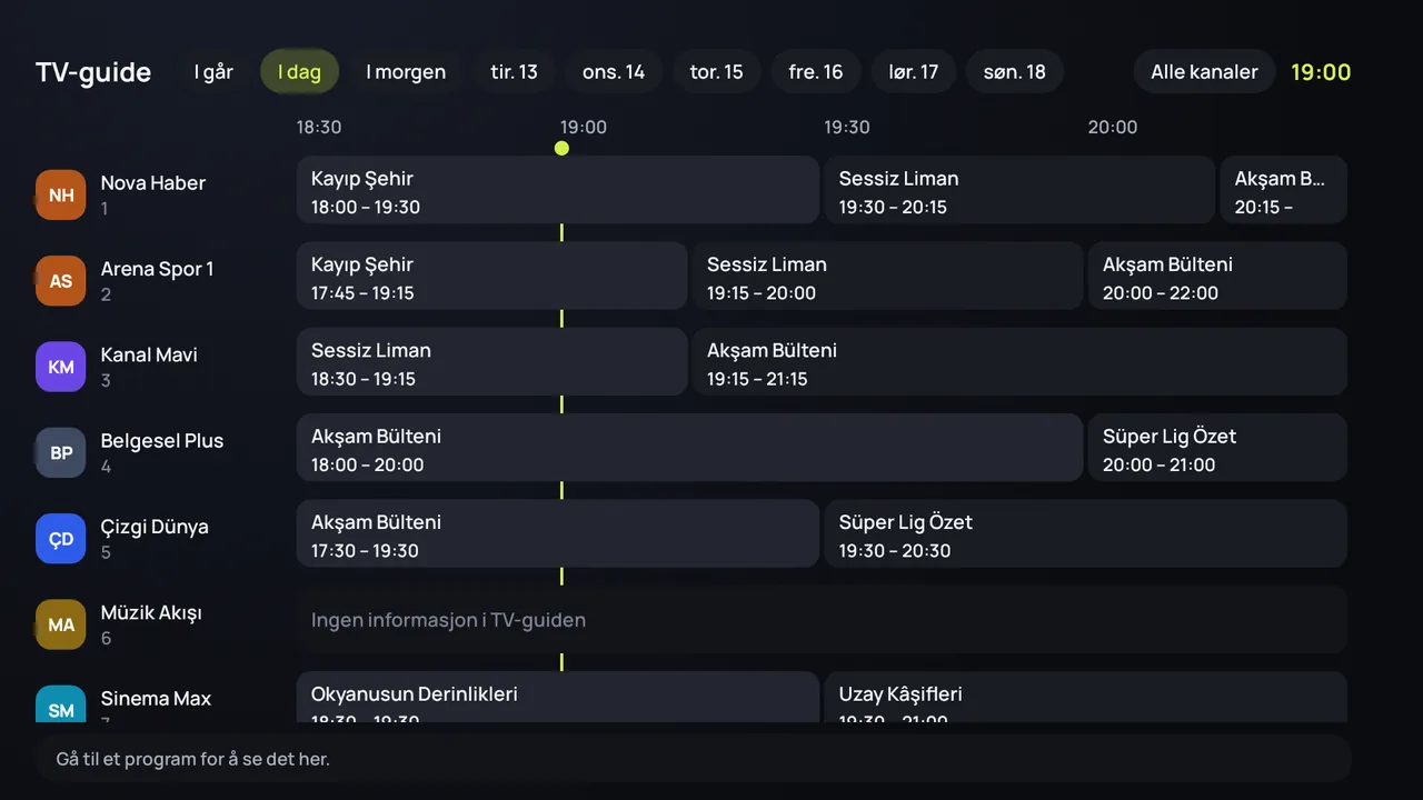 TV-guiden (EPG) i Zapvo på Android TV: kanalene langs siden, programmene gjennom dagen