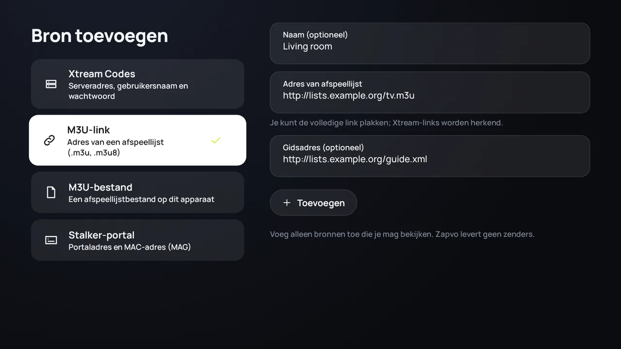 Zapvo op Android TV: een M3U-link toevoegen met het playlistadres en het adres van de tv-gids