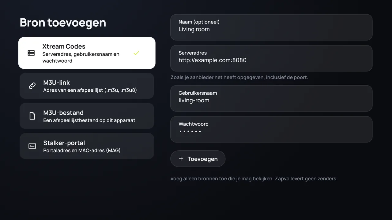 Zapvo op Android TV: inloggen met Xtream Codes, serveradres, gebruikersnaam en wachtwoord
