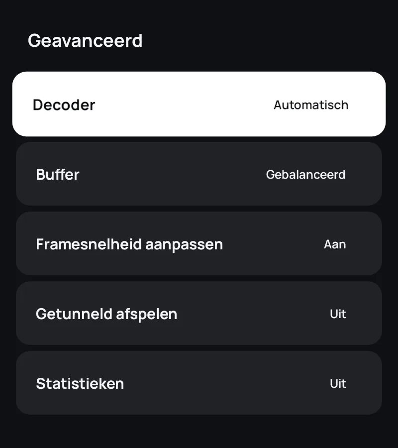De geavanceerde spelerinstellingen in Zapvo: decoder, buffer, beeldsnelheid en statistieken