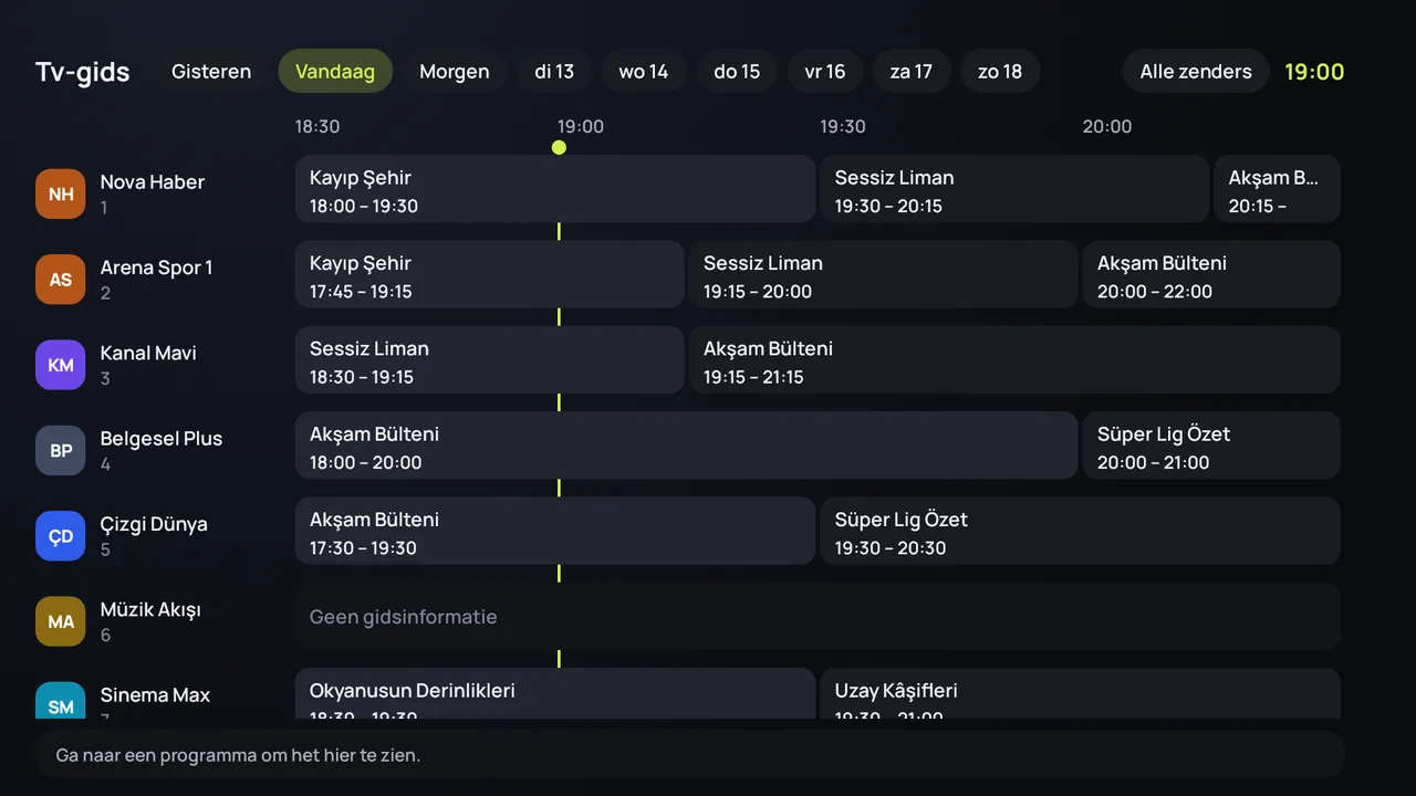 De tv-gids (EPG) van Zapvo op Android TV: zenders aan de zijkant, programma’s over de dag