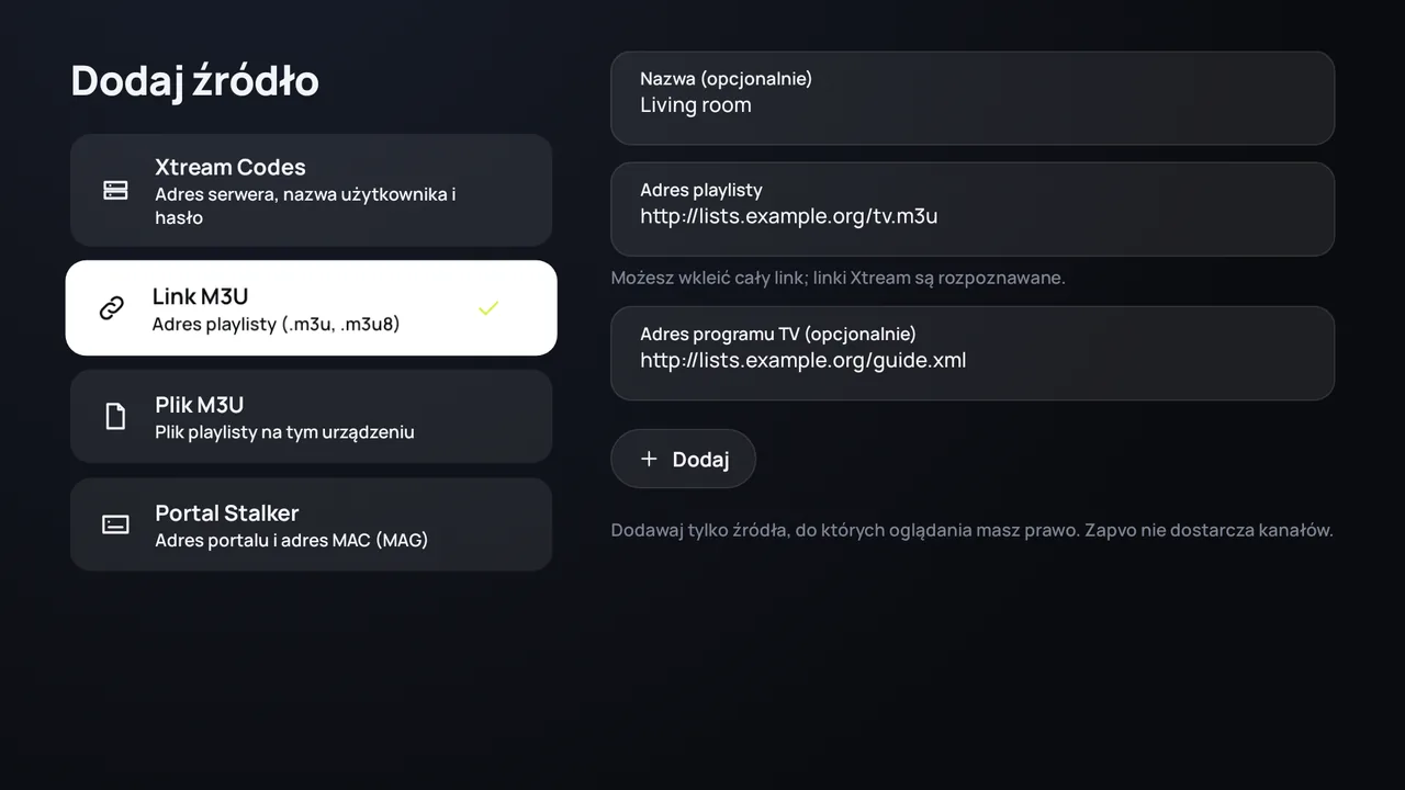 Zapvo na Android TV: dodawanie linku M3U z adresem playlisty i adresem programu TV