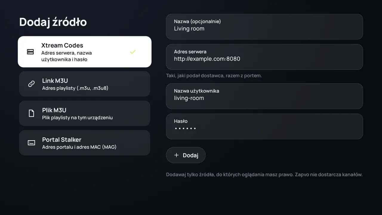 Zapvo na Android TV: logowanie przez Xtream Codes, adres serwera, nazwa użytkownika i hasło