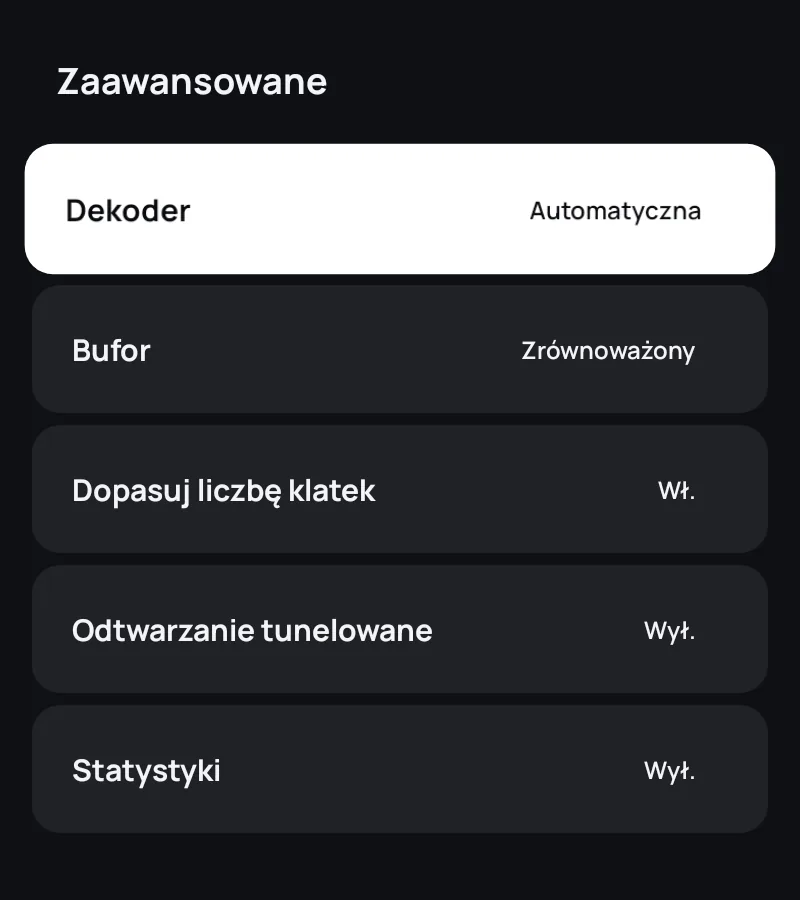 Zaawansowane ustawienia odtwarzacza w Zapvo: dekoder, bufor, liczba klatek i statystyki
