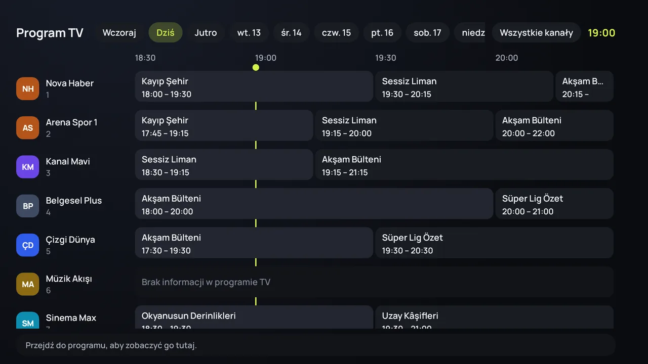 Program TV (EPG) w Zapvo na Android TV: kanały z boku, audycje przez cały dzień