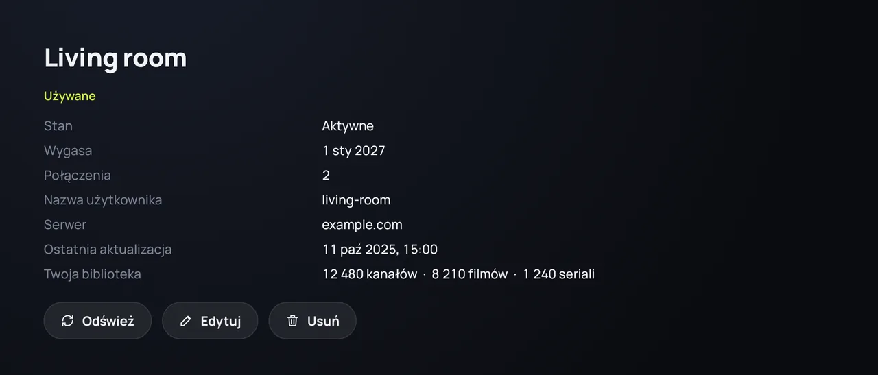 Szczegóły źródła w Zapvo: stan, data wygaśnięcia, połączenia i biblioteka