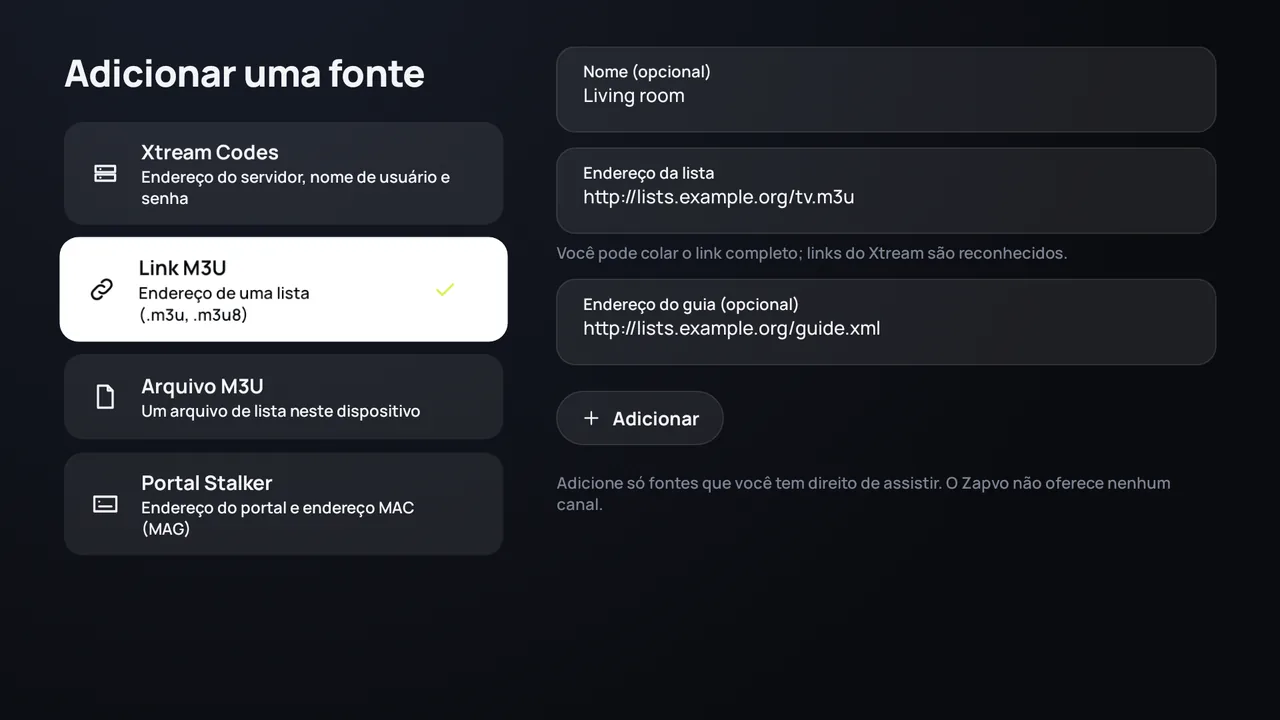 Zapvo no Android TV: adicionando um link M3U com o endereço da lista e o do guia de TV