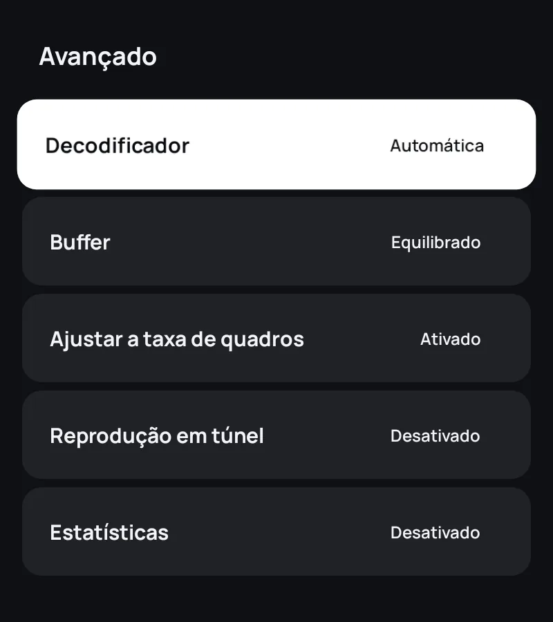 As configurações avançadas do player no Zapvo: decodificador, buffer, taxa de quadros e estatísticas