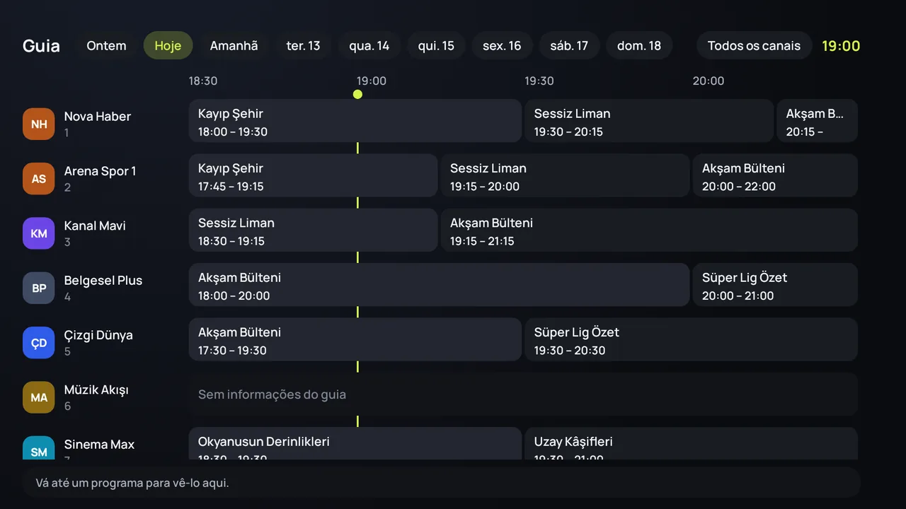 O guia de TV (EPG) do Zapvo no Android TV: canais na lateral, programas ao longo do dia