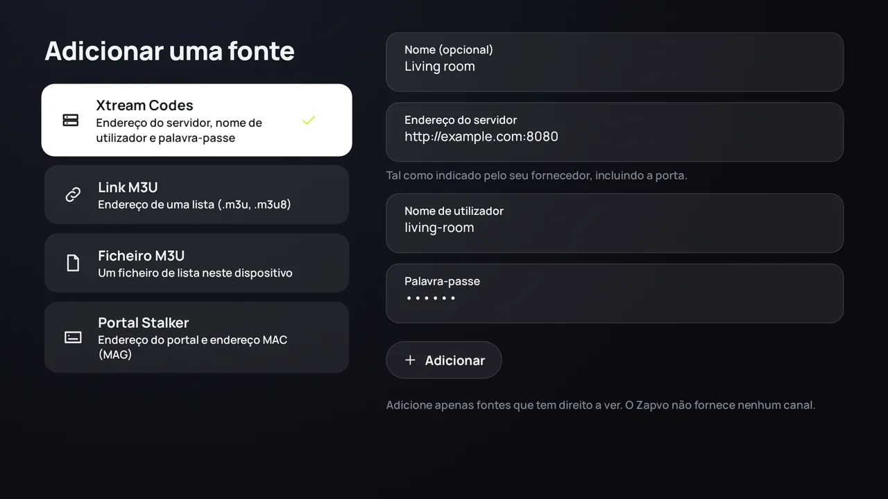 Zapvo na Android TV: entrar com Xtream Codes, endereço do servidor, utilizador e palavra-passe