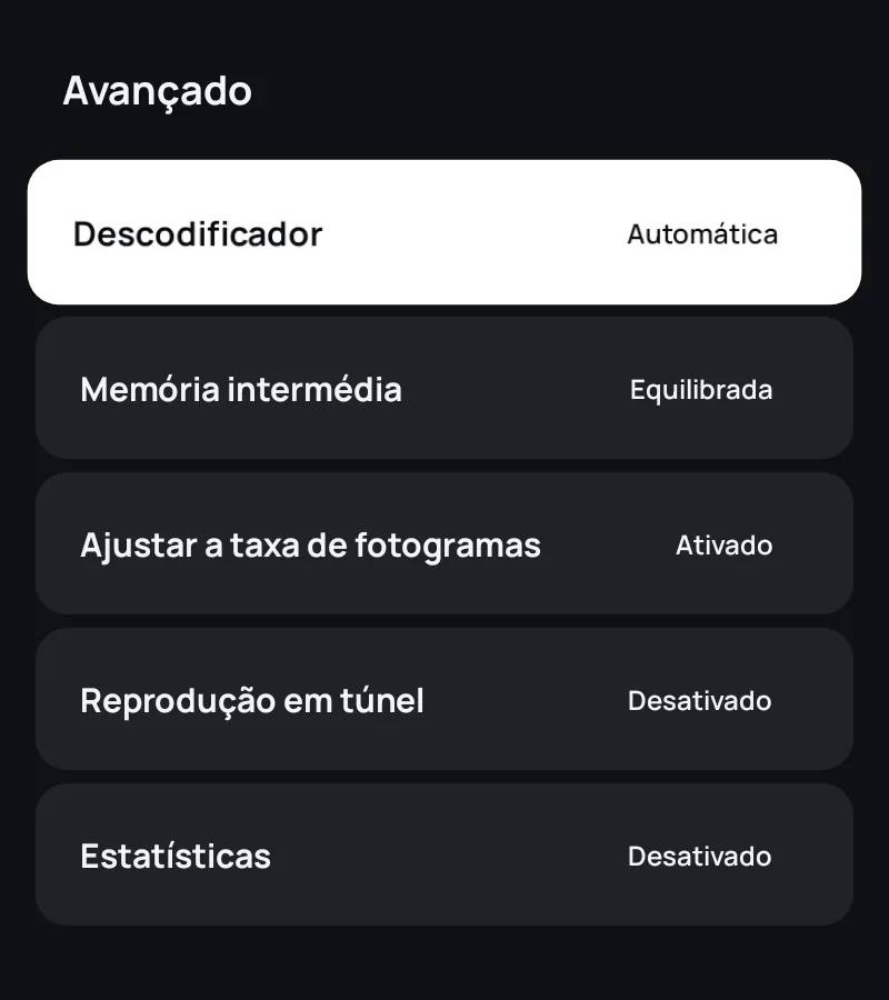 As definições avançadas do leitor no Zapvo: descodificador, buffer, taxa de imagens e estatísticas