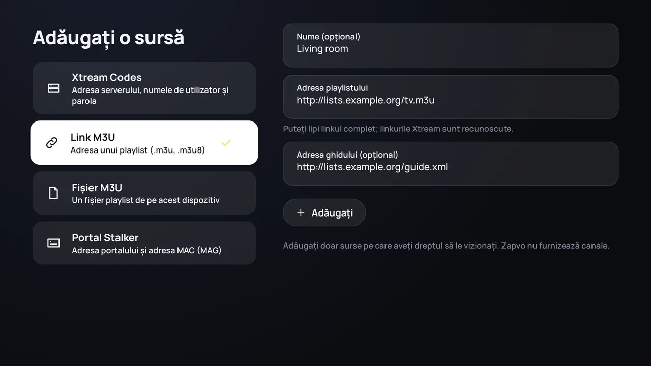 Zapvo pe Android TV: adăugarea unui link M3U cu adresa playlistului și adresa ghidului TV