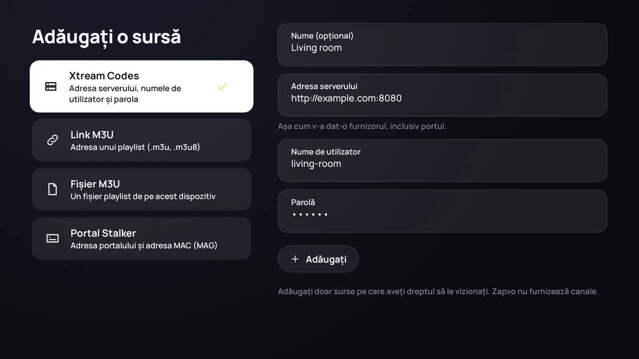 Zapvo pe Android TV: conectarea cu Xtream Codes, adresa serverului, numele de utilizator și parola