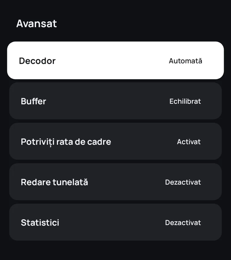 Setările avansate ale playerului în Zapvo: decodor, buffer, rată de cadre și statistici