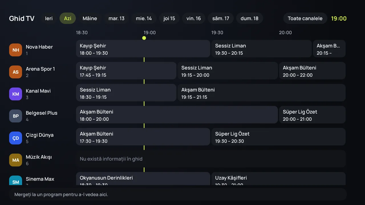 Ghidul TV (EPG) din Zapvo pe Android TV: canalele pe lateral, emisiunile de-a lungul zilei