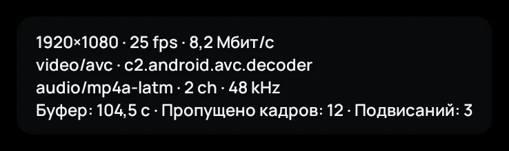 Статистика воспроизведения в Zapvo: разрешение, декодер, буфер, пропущенные кадры и остановки