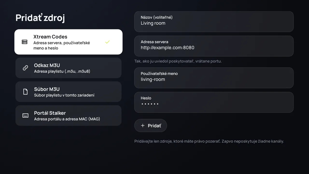 Zapvo na Android TV: prihlásenie cez Xtream Codes, adresa servera, používateľské meno a heslo