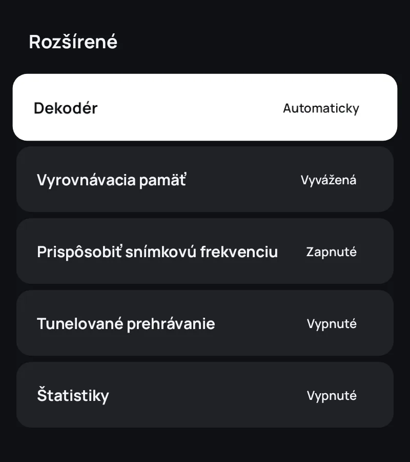 Rozšírené nastavenia prehrávača v aplikácii Zapvo: dekodér, vyrovnávacia pamäť, snímková frekvencia a štatistiky
