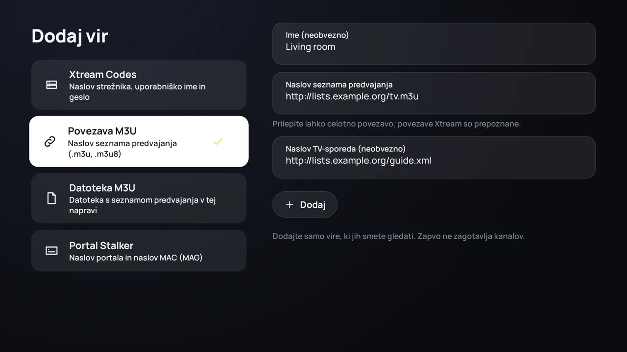 Zapvo na Android TV: dodajanje povezave M3U z naslovom seznama in naslovom TV-sporeda