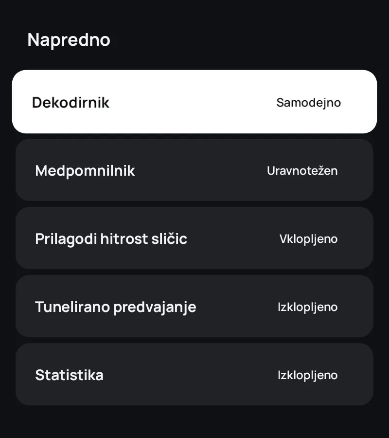 Napredne nastavitve predvajalnika v aplikaciji Zapvo: dekodirnik, medpomnilnik, hitrost sličic in statistika