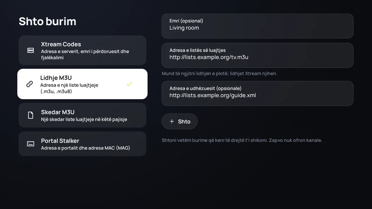 Zapvo në Android TV: shtimi i një lidhjeje M3U me adresën e listës dhe adresën e udhëzuesit TV