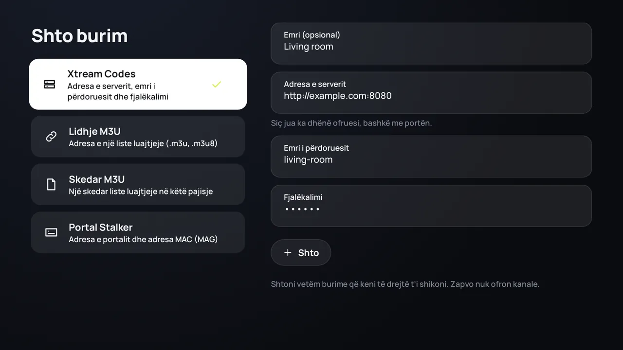 Zapvo në Android TV: hyrja me Xtream Codes, adresa e serverit, emri i përdoruesit dhe fjalëkalimi