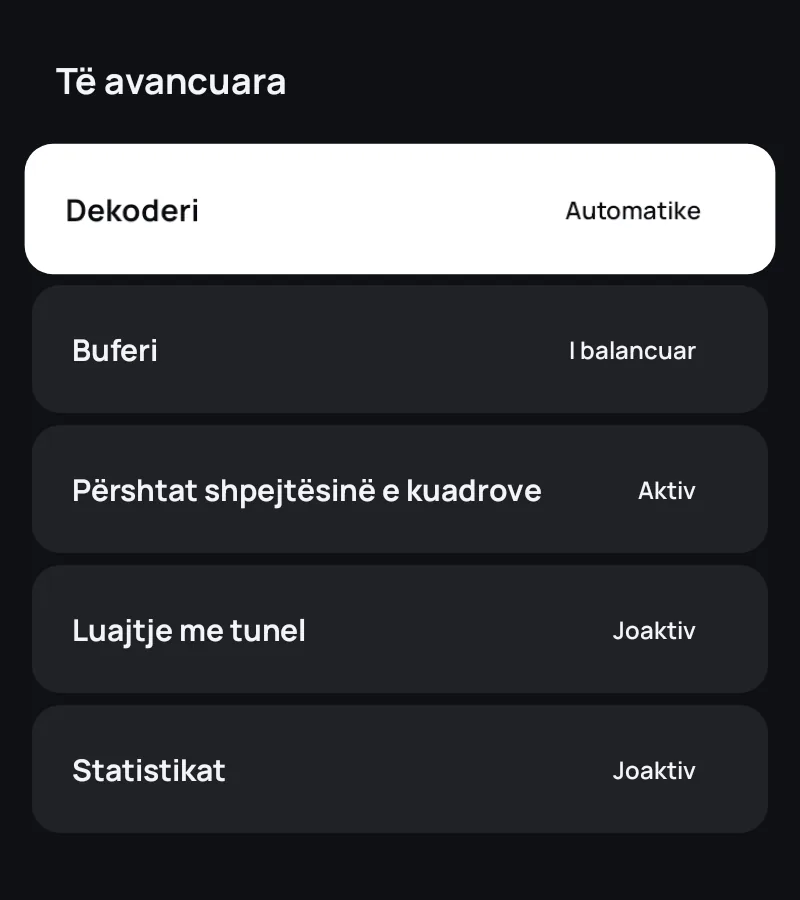 Cilësimet e avancuara të luajtësit në Zapvo: dekoderi, buferi, shpejtësia e kuadrove dhe statistikat