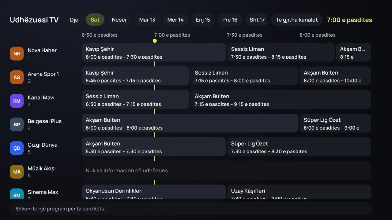 Udhëzuesi TV (EPG) i Zapvo në Android TV: kanalet anash, emisionet gjatë ditës