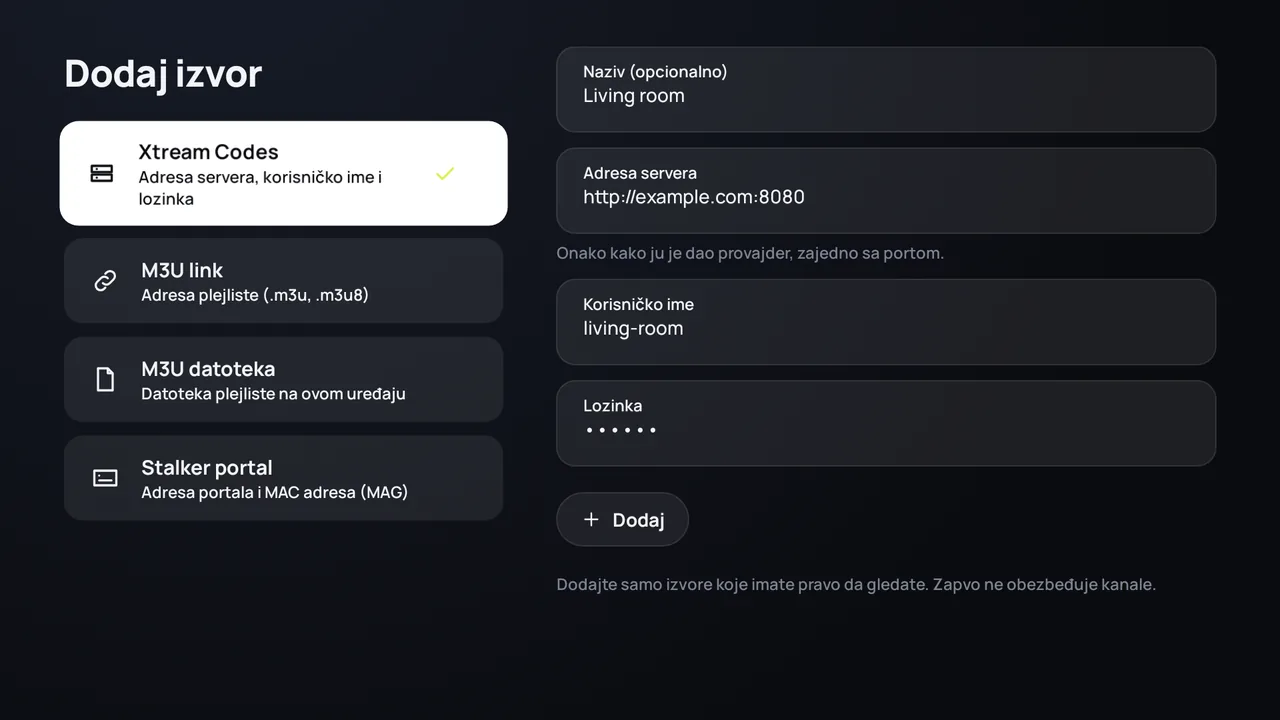 Zapvo na Android TV-u: prijava preko Xtream Codes, adresa servera, korisničko ime i lozinka