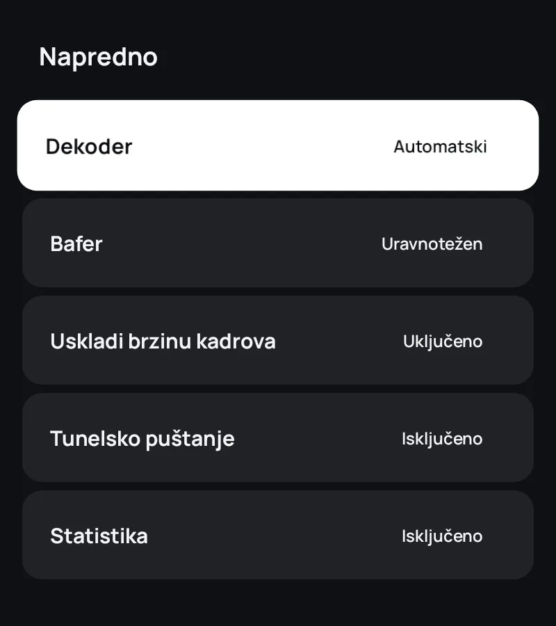 Napredna podešavanja plejera u aplikaciji Zapvo: dekoder, bafer, broj kadrova i statistika