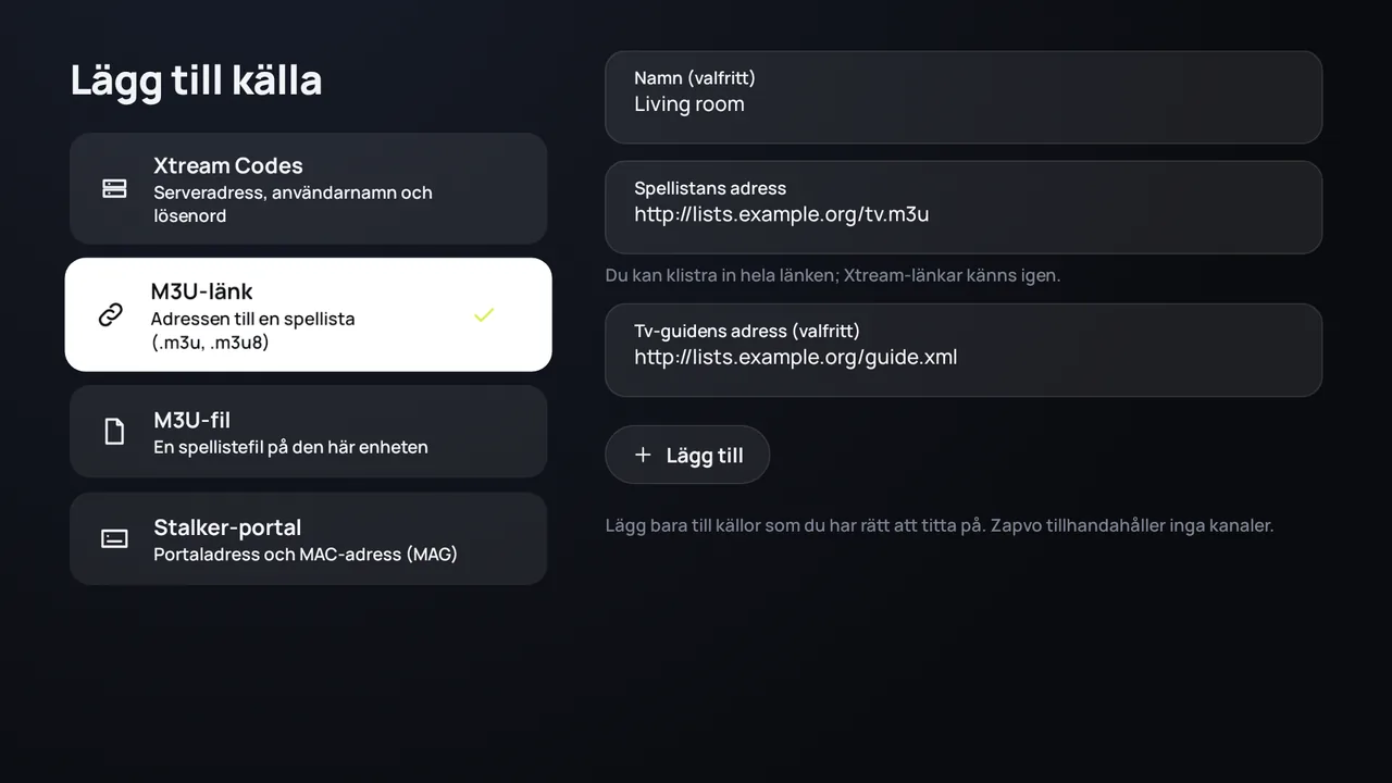 Zapvo på Android TV: en M3U-länk läggs till med spellistans adress och tv-guidens adress