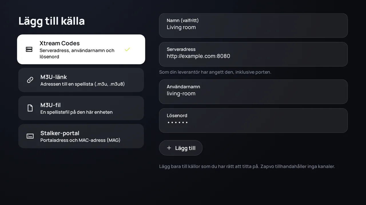 Zapvo på Android TV: inloggning med Xtream Codes, serveradress, användarnamn och lösenord
