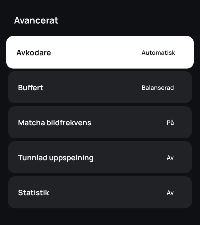 Spelarens avancerade inställningar i Zapvo: avkodare, buffert, bildfrekvens och statistik