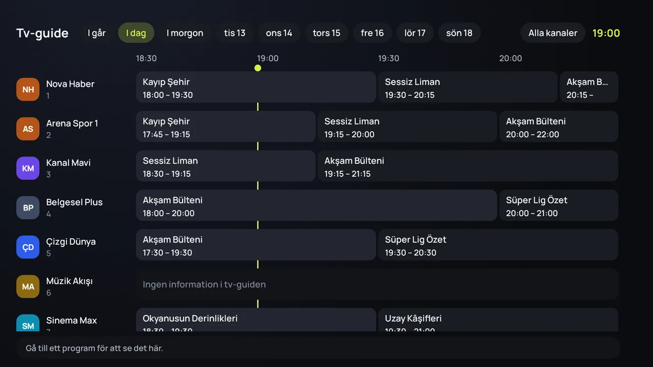 Tv-guiden (EPG) i Zapvo på Android TV: kanalerna längs sidan, programmen över dagen