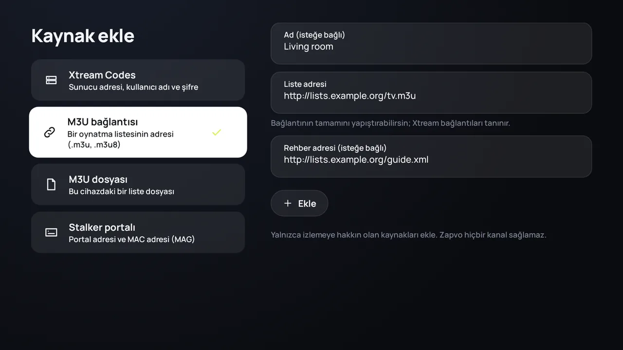 Android TV’de Zapvo: liste adresi ve TV rehberi adresiyle M3U bağlantısı ekleme
