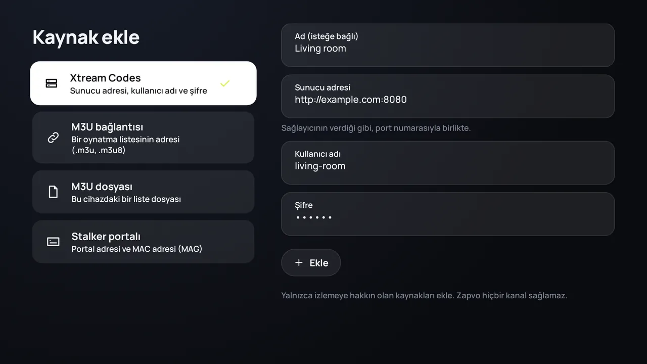 Android TV’de Zapvo: sunucu adresi, kullanıcı adı ve şifreyle Xtream Codes girişi