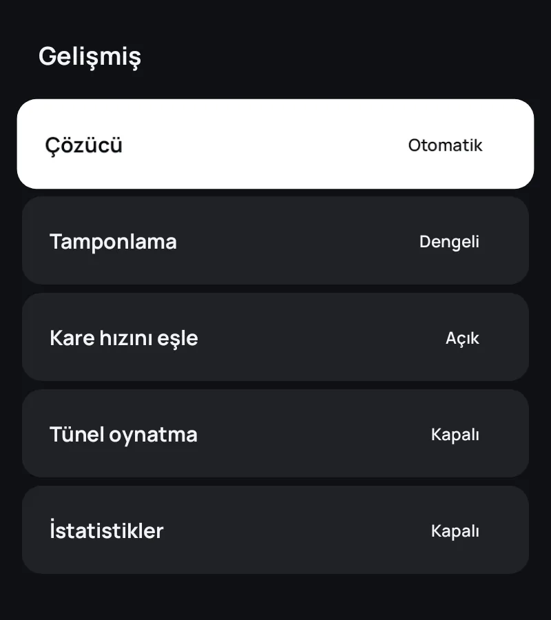 Zapvo’da oynatıcının gelişmiş ayarları: çözücü, tamponlama, kare hızı ve istatistikler