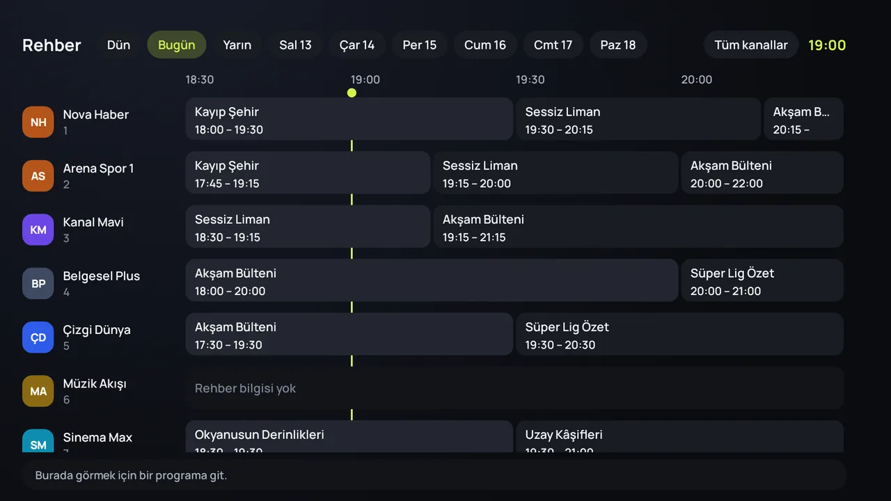 Android TV’de Zapvo TV rehberi (EPG): kanallar yanda, gün boyunca programlar