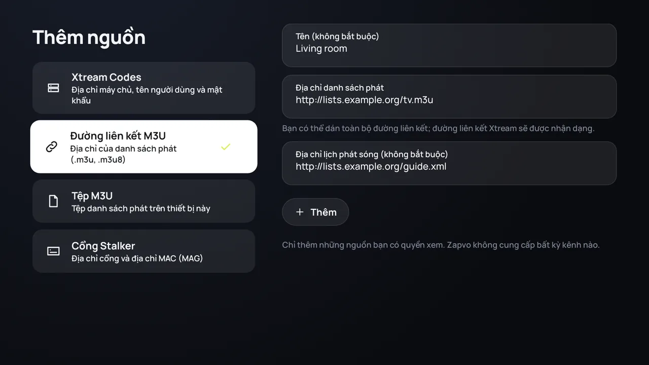 Zapvo trên Android TV: thêm đường liên kết M3U với địa chỉ danh sách phát và địa chỉ lịch phát sóng