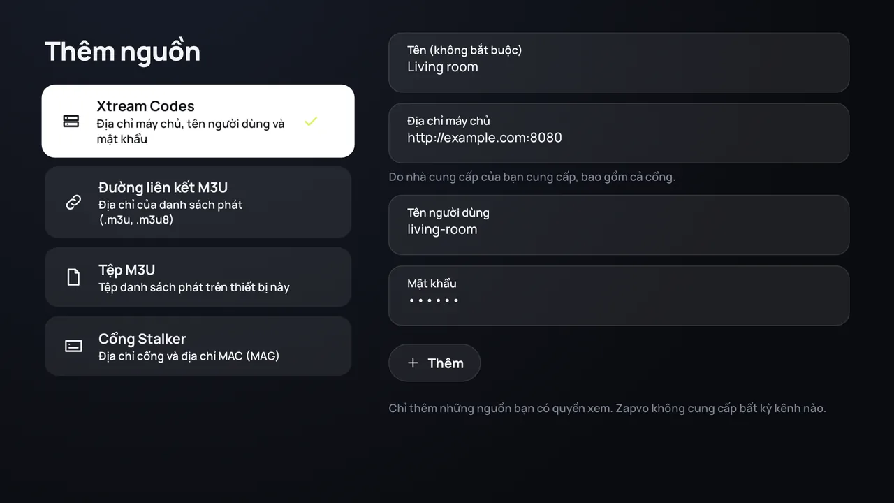 Zapvo trên Android TV: đăng nhập bằng Xtream Codes, địa chỉ máy chủ, tên người dùng và mật khẩu